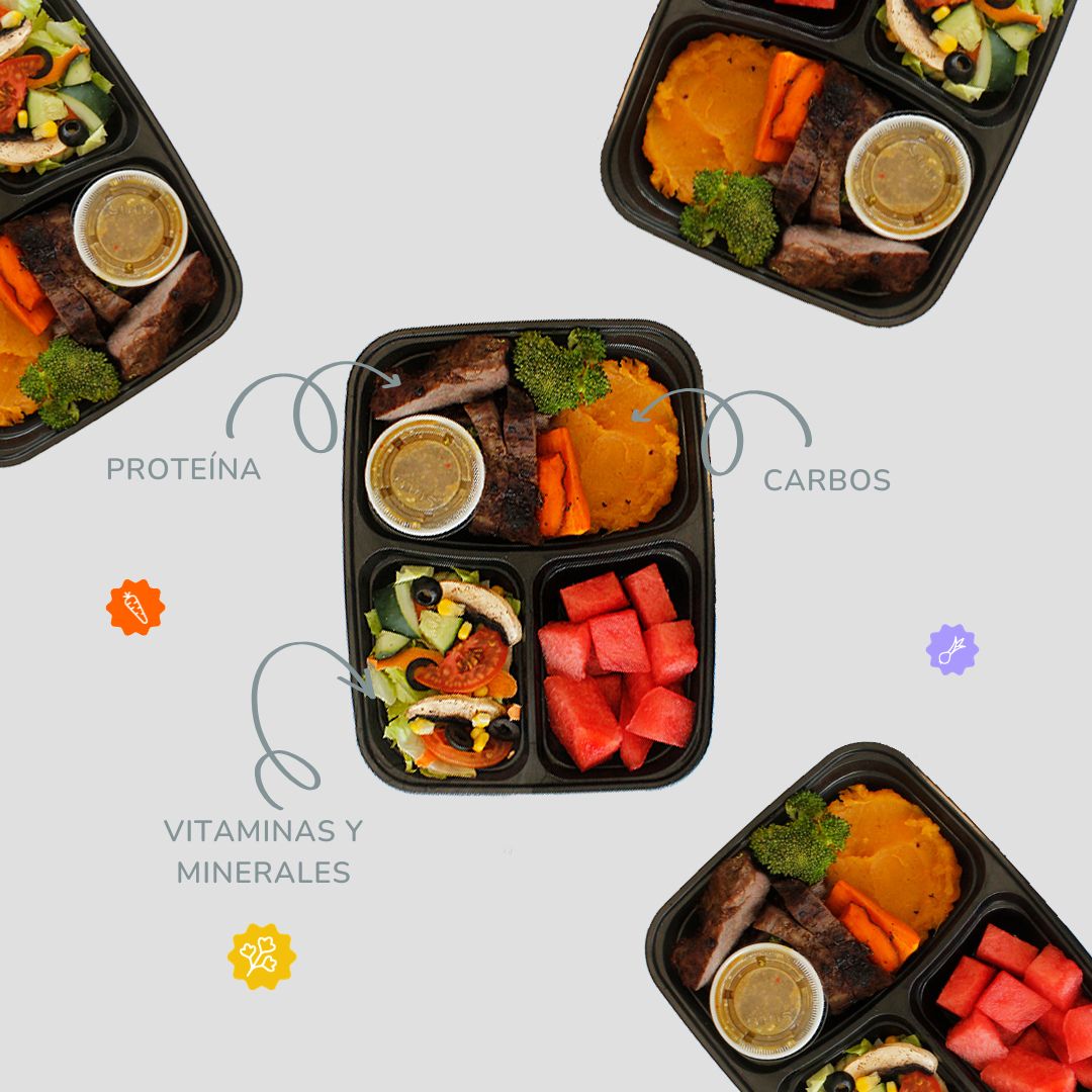 Platillo completo de Raciones Colima: arrachera jugosa con proteína, carbos, ensalada y fruta